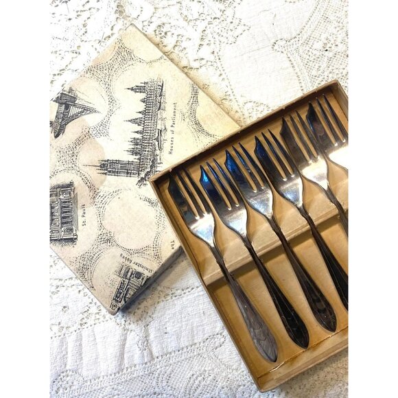 M.S. Ltd England Other - Set 6 Pastry Forks Sheffield England Silver Plated In Original Box Vintage LOXLE